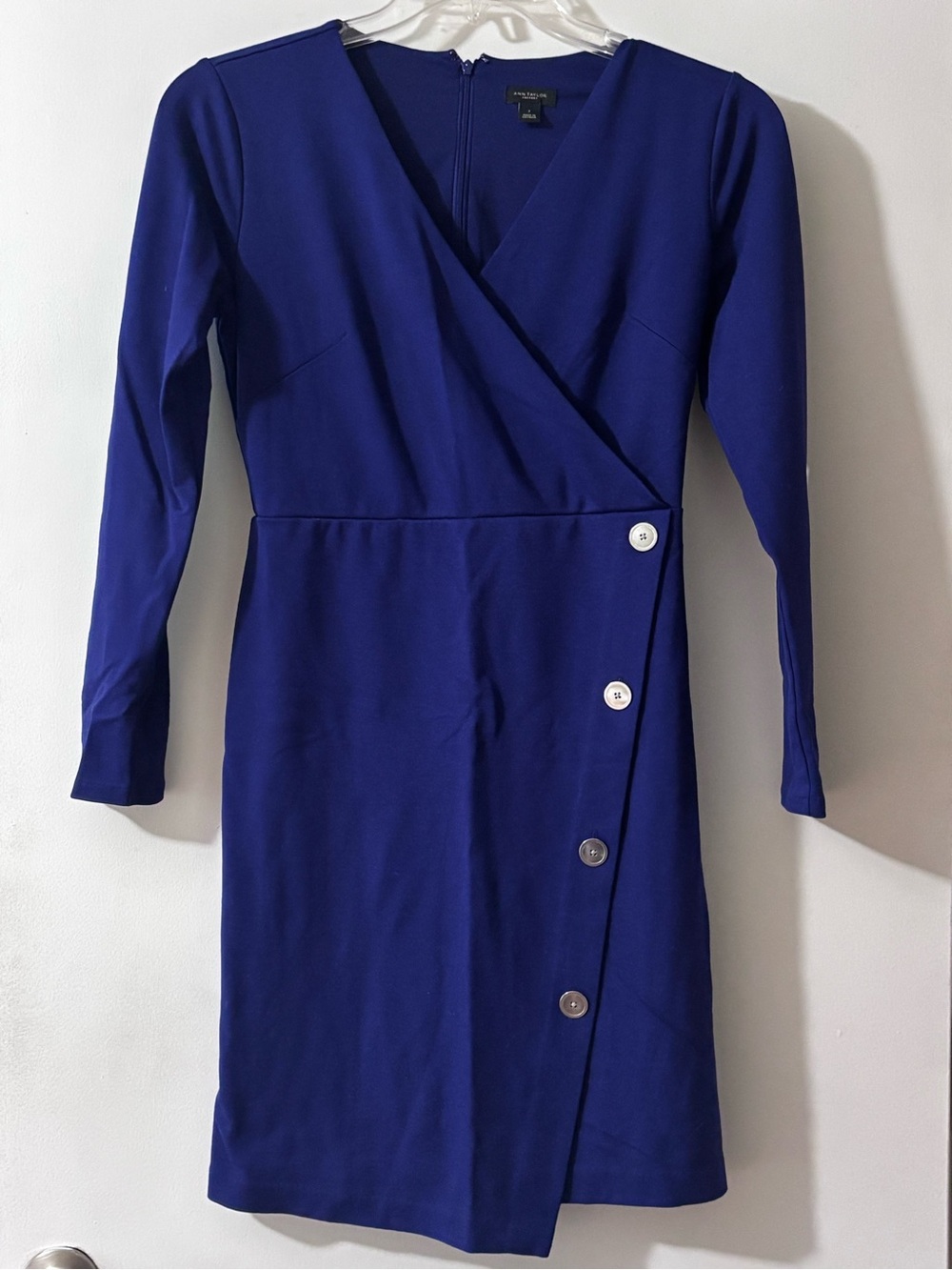 Ann Taylor Factory Royal Blue Wrap Front Long Sleeve Button Midi Dress Size 2